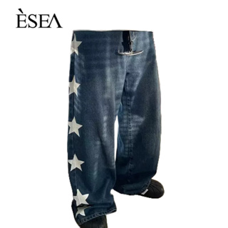 ESEA กางเกงขายาวผู้ชายทุกคู่ถูตรงกราฟฟิตีดาวออกแบบกางเกงยีนส์ผู้ชายแบบสบาย ๆ