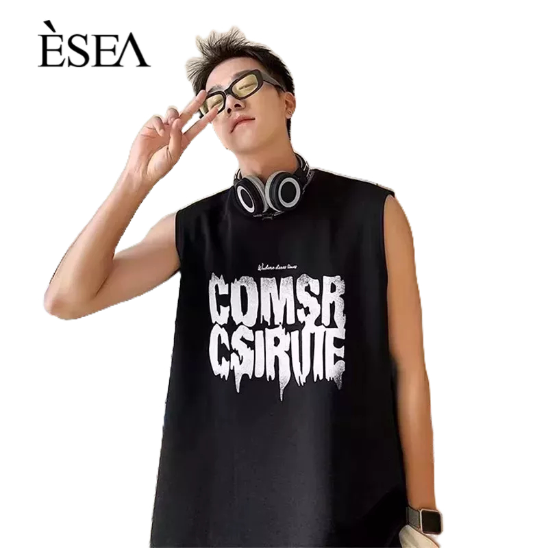 esea-เสื้อกั๊กผู้ชายคอกลมหลวมเสื้อกั๊กผู้ชายอินเทรนด์ที่ได้รับความนิยมในเสื้อยืดแขนกุดทุกแบบ