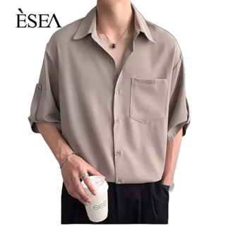 ESEA เสื้อเชิ้ตผู้ชายอารมณ์มาตรฐานเสื้อเชิ้ตผู้ชายวรรณกรรมยอดนิยมฮาราจูกุสีทึบแขนสั้น