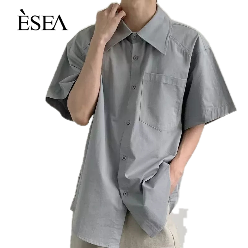 esea-เสื้อเชิ้ตผู้ชายสีทึบหลวมเสื้อเชิ้ตผู้ชายทุกวันแฟชั่นยอดนิยมแขนสั้นใหม่