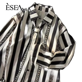 ESEA เสื้อเชิ้ตผู้ชายแฟชั่นแฟชั่นป๊อปวินเทจลายเสื้อแขนยาวหลวม