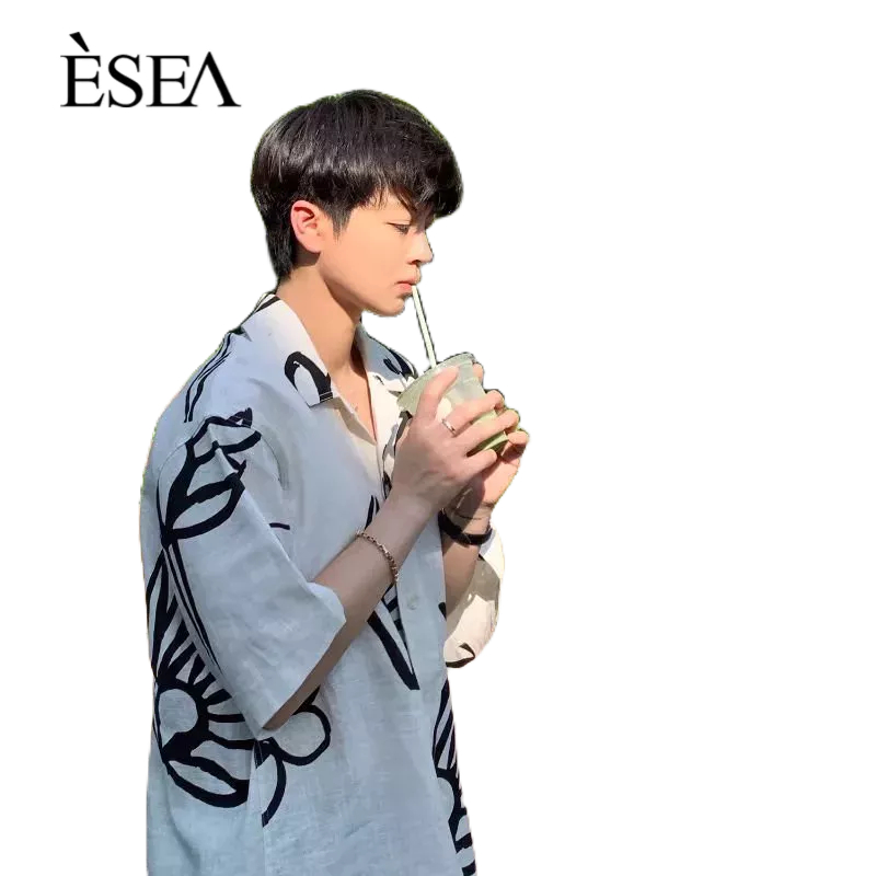 esea-ผู้ชายเสื้อลำลองพิมพ์แฟชั่นสูงเสื้อผู้ชายญี่ปุ่นย้อนยุคหลวมสั้น