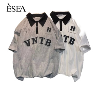 ESEA เสื้อยืดแขนสั้นคอกลมหลวมพอดีตัวอักษรครึ่งแขนเสื้อโปโลมินิเสื้อแจ็คเก็ต