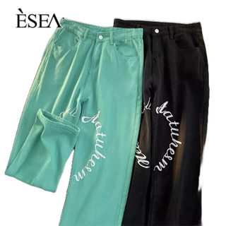 ESEA กางเกงยีนส์ผู้ชาย, ผู้ชายรุ่นเกาหลีสูงถนนบุคลิกภาพตัวอักษรกางเกงขาตรง, ฮ่องกงสไตล์กางเกงขากว้างลําลอง