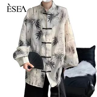 ESEA เสื้อเชิ้ตผู้ชาย: แฟชั่นฤดูร้อนสไตล์จีนลายบางพิมพ์เสื้อเชิ้ตแขนยาวลําลองหลวมของผู้ชาย