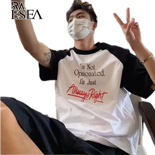 ESEA ผู้ชายแขนสั้นออกแบบตัวอักษรพิมพ์ลำลองผู้ชายเสื้อยืดสไตล์อเมริกันหลวมสีตัดกันแขนสั้น