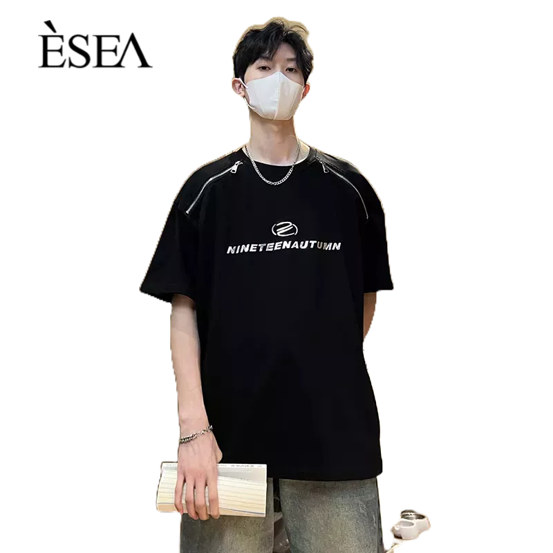 esea-เสื้อยืดผู้ชายผ้าฝ้ายแท้หลวมเทรนด์แฟชั่นเสื้อยืดผู้ชายซิปออกแบบพิมพ์แขนสั้น