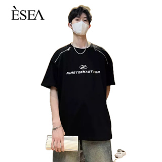 ESEA เสื้อยืดผู้ชายผ้าฝ้ายแท้หลวมเทรนด์แฟชั่นเสื้อยืดผู้ชายซิปออกแบบพิมพ์แขนสั้น