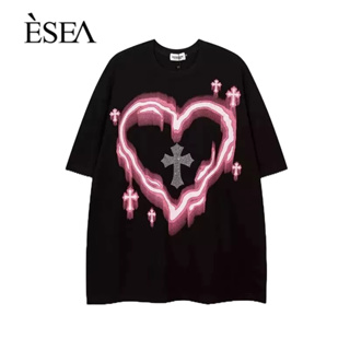 ESEA ผู้ชายเสื้อยืดพิมพ์ความรักการออกแบบลำลองผู้ชายเสื้อยืดรอบคอที่นิยมแฟชั่นผู้ชายแขนสั้น