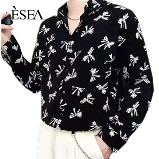 ESEA เสื้อผู้ชาย,ผ้าม่านระดับไฮเอนด์,อินเทรนด์สไตล์เกาหลีหลวมท็อปส์ซูของผู้ชาย,ชีฟองยาว-แขน