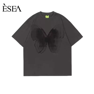 ESEA เสื้อยืดผู้ชายสไตล์อเมริกันไฮสตรีทพิมพ์เสื้อยืดผู้ชายคอกลมแฟชั่นเทรนด์แขนสั้นหลวม