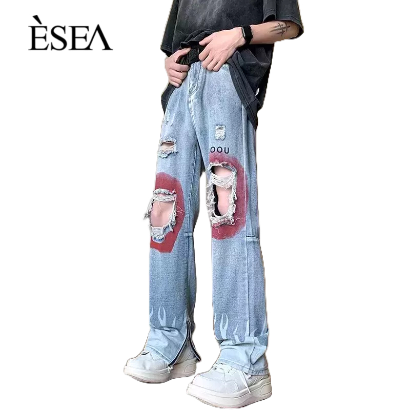 esea-กางเกงขายาวผู้ชายเทรนด์แฟชั่น-high-street-กางเกงขายาวผู้ชายทรงหลวมขาตรงฉีกกางเกงยีนส์