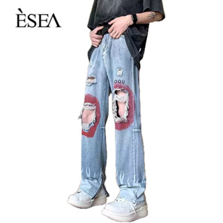 ESEA กางเกงขายาวผู้ชายเทรนด์แฟชั่น High Street กางเกงขายาวผู้ชายทรงหลวมขาตรงฉีกกางเกงยีนส์