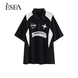 ESEA เสื้อแขนสั้นผู้ชายสไตล์ยุโรปและอเมริกันสไตล์รถจักรยานยนต์คอโปโล, ย้อนยุคหลวมแฟชั่นคู่แขนสั้น