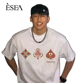 ESEA ผู้ชายเสื้อยืดช่องอเมริกันถนนหลวมผู้ชายเสื้อยืดฮิปฮอปย้อนยุคโป๊กเกอร์พิมพ์ผู้ชายสั้น-แขน