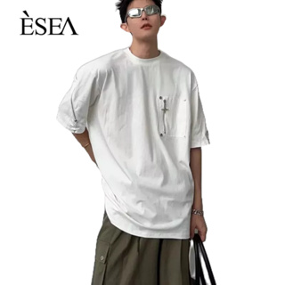 ESEA เสื้อยืดผู้ชาย ดีไซน์เย็บโลหะ คอกลม เสื้อยืดผู้ชายแบบเรียบง่าย ญี่ปุ่น เฉพาะระดับไฮเอนด์ แขนสั้น
