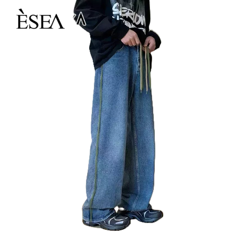 esea-กางเกงยีนส์ผู้ชายลายทางหลวมกางเกงลำลองผู้ชายกางเกงผู้ชายเทรนด์ใหม่