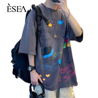 ESEA เสื้อยืดผู้ชายหลวมรอบคอปกเสื้อห้าส่วนแขนสั้นดูเดิลแขนสั้นครึ่งบน    การเชื่อมต่อแบบเรียบง่าย