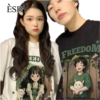 ESEA เสื้อยืดผู้ชายพิมพ์ตัวอักษรลำลองหลวมคู่เสื้อยืดเวอร์ชั่นเกาหลี ins การ์ตูนอะนิเมะแขนสั้น