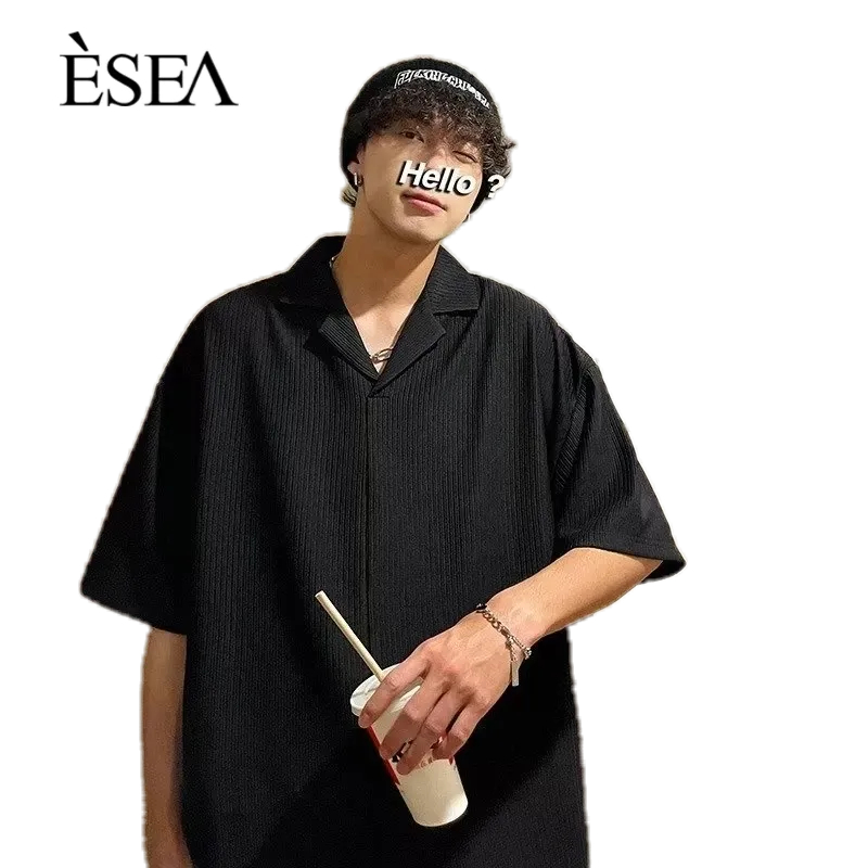 esea-เทรนด์เสื้อเชิ้ตผู้ชายสีทึบลำลองหลวม-ๆ-เสื้อเชิ้ตผู้ชายขี้เกียจทุกวันแขนสั้นยอดนิยมใหม่