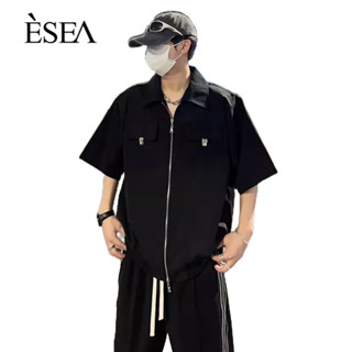 ESEA เสื้อเชิ้ตผู้ชาย เทรนด์หล่อ เสื้อเชิ้ตผู้ชายทรงหลวม เว้าไหล่ แขนสั้น แขนสั้น