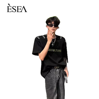 ESEA เสื้อยืดผู้ชายแฟชั่นยอดนิยมคอกลมลำลองผู้ชายเสื้อยืดพิมพ์ตัวอักษรพิมพ์แขนสั้นมาตรฐาน