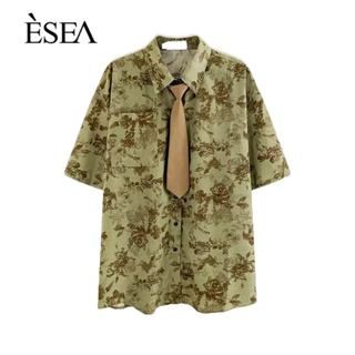 ESEA เสื้อเชิ้ตผู้ชาย เทรนด์แฟชั่นเสื้อเชิ้ตผู้ชายลายดอกไม้ลําลอง, ทรงหลวม, เสื้อเชิ้ตผู้ชายสไตล์ฮ่องกงระดับไฮเอนด์