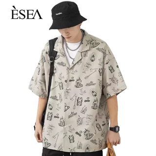 ESEA เสื้อเชิ้ตผู้ชาย เสื้อเชิ้ตลำลองผู้ชายสไตล์ฮาวายหลวม เทรนด์การพิมพ์เต็มรูปแบบของญี่ปุ่น แขนสั้นผู้ชาย