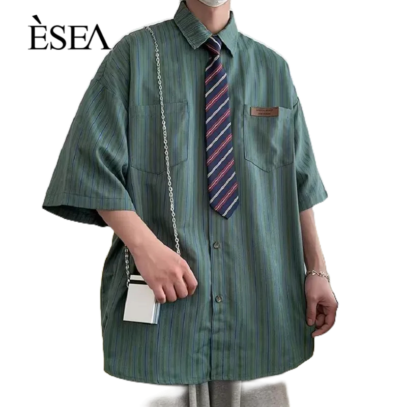 esea-เสื้อเชิ้ตผู้ชายลำลองญี่ปุ่นหลวมผู้ชายเสื้อเชิ้ตแฟชั่นลายเรียบง่ายแขนสั้น