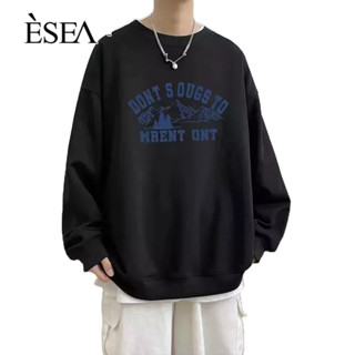 ESEA พิมพ์แขนยาวเสื้อยืดชายมินิกันผ้าหลวมพอดีกับเสื้อคู่    การเชื่อมต่อแบบเรียบง่าย