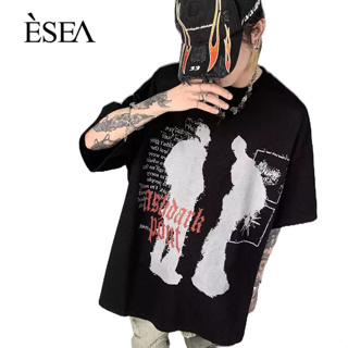 ESEA เสื้อยืดผู้ชายแนวสตรีทแฟชั่นหลวมคู่เสื้อยืดบทคัดย่อแมวพิมพ์แขนสั้น