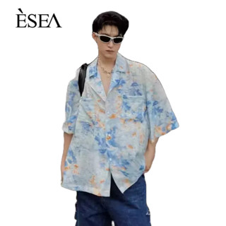 ESEA ผู้ชายเสื้อเชิ้ตหลวมแนวโน้มลำลองผู้ชายเสื้อดอกไม้ย้อนยุควรรณกรรมผูก-ย้อมสั้น-แขน