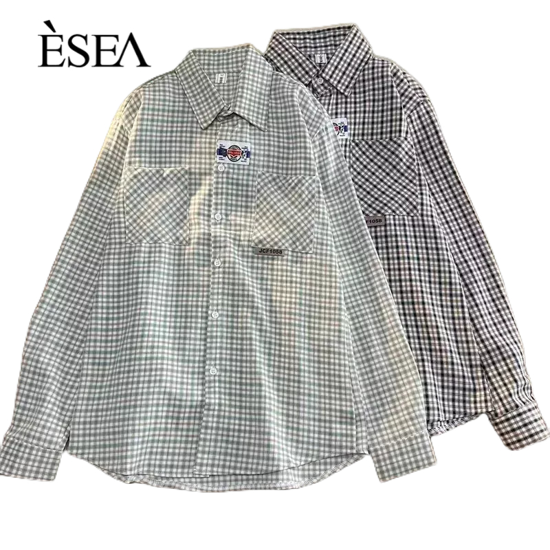 esea-เสื้อเชิ้ตแขนยาวลายสก๊อต-เสื้อเชิ้ตผู้ชายหลวมๆ