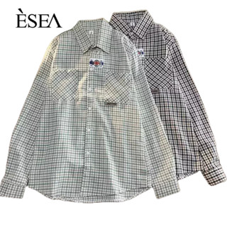 ESEA เสื้อเชิ้ตแขนยาวลายสก๊อต เสื้อเชิ้ตผู้ชายหลวมๆ