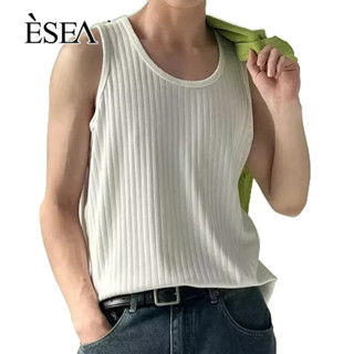 ESEA เสื้อกล้ามผู้ชายอเนกประสงค์ถักเสื้อยืดแขนกุดสีทึบเกาหลีที่เรียบง่าย