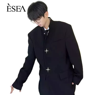 ESEA เสื้อโค้ทผู้ชาย: ฤดูใบไม้ผลิและฤดูใบไม้ร่วงจีนความรู้สึกการออกแบบยืนขึ้นคอเสื้อสูทตกแต่งโลหะแฟชั่นเสื้อโค้ทผู้ชายยอดนิยม