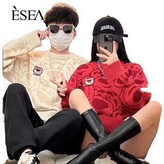 ESEA เสื้อกันหนาวผู้ชาย 2023 รุ่นเกาหลีฤดูใบไม้ผลิและฤดูใบไม้ร่วงความรู้สึกการออกแบบสตรอเบอร์รี่หมีพิมพ์ฝรั่งเศสถักแฟชั่นคู่เสื้อกันหนาวผู้ชาย