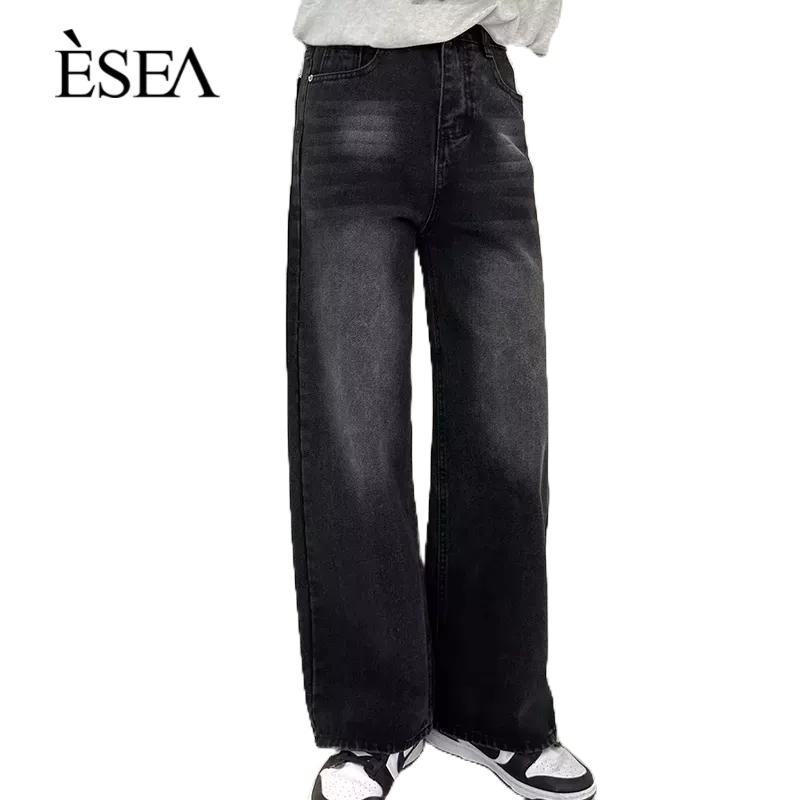 esea-ผู้ชายกางเกงยีนส์ผ้าม่านย้อนยุคตรงหลวมสีดำกางเกงลำลองผู้ชาย
