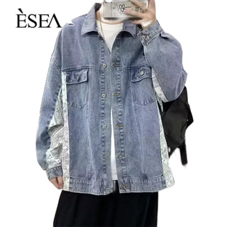 ESEA  เสื้อโค้ทผู้ชาย INS สไตล์แบรนด์อินเทรนด์ฤดูใบไม้ผลิและฤดูใบไม้ร่วงแฟชั่นป๊อปเย็บวินเทจสีทึบผู้ชายแจ็คเก็ตยีนส์