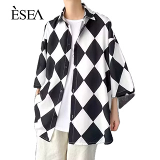 ESEA เสื้อเชิ้ตผู้ชายแบรนด์อินเทรนด์ INS สไตล์การออกแบบความรู้สึกวินเทจพิมพ์เพชรแฟชั่นยอดนิยมเสื้อเชิ้ตผู้ชาย