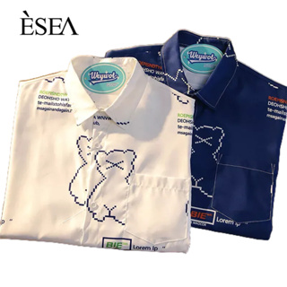 ESEA เสื้อเชิ้ตผู้ชาย, ฤดูร้อนอินเทรนด์และฤดูใบไม้ร่วงบาง, พิมพ์ลายหมีการ์ตูนญี่ปุ่น, เสื้อเชิ้ตผู้ชายแฟชั่นคู่รักไฮสตรีท