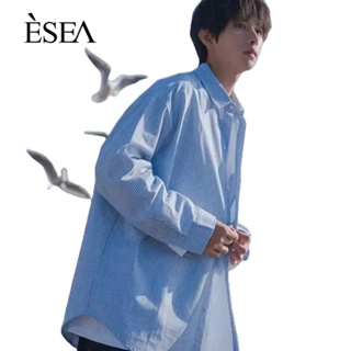 ESEA เสื้อเชิ้ตผู้ชายลายทางแฟชั่น INS สไตล์วัยรุ่นที่เรียบง่ายวรรณกรรมญี่ปุ่นและเกาหลีสไตล์หลวมปกเสื้อเชิ้ตแขนยาวของผู้ชาย