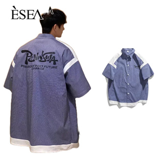 ESEA เสื้อผู้ชายย้อนยุคหลวมสบาย ๆ คู่เสื้อยืดใหม่เย็บปักถักร้อยญี่ปุ่นผู้ชายแขนสั้น