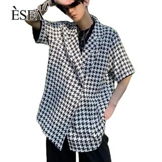 ESEA เสื้อเชิ้ตผู้ชายลายสก๊อตสไตล์ตะวันตกเสื้อเชิ้ตผู้ชายสไตล์ฮ่องกงลำลองเกาหลีแขนสั้น