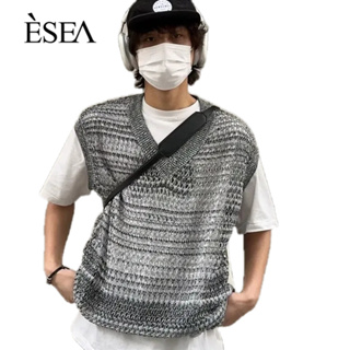 ESEA ผู้ชายถักเสื้อกั๊กวรรณกรรมป๊อปสบาย ๆ คอวีแฟชั่น Ins เสื้อถักแขนกุดสีทึบ