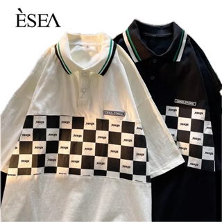 ESEA เสื้อโปโลแขนสั้นผู้ชายเสื้อยืดแขนสั้นลายสก๊อตสบาย ๆ สบาย ๆ  การเชื่อมต่อแบบเรียบง่าย