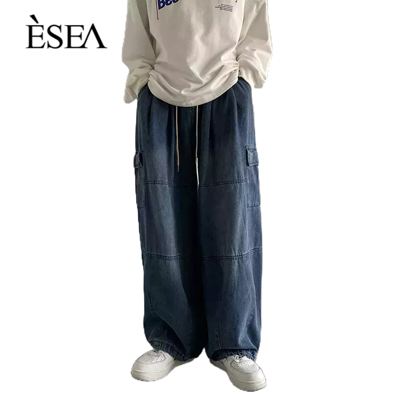 esea-กางเกงขายาวผู้ชาย-กว้าง-ขาตรงเครื่องมือลำลอง-กางเกงผู้ชาย-ย้อนยุคอเมริกันล้างกางเกงยีนส์หลวม