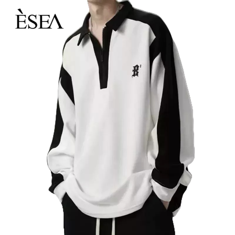 esea-การออกแบบเสื้อสเวตเตอร์ผู้ชายที่มีแผงตัดกัน-คอโปโล-พิมพ์ปักฤดูใบไม้ร่วง-ซิป-แฟชั่นเสื้อสเวตเตอร์แขนยาวของผู้ชาย