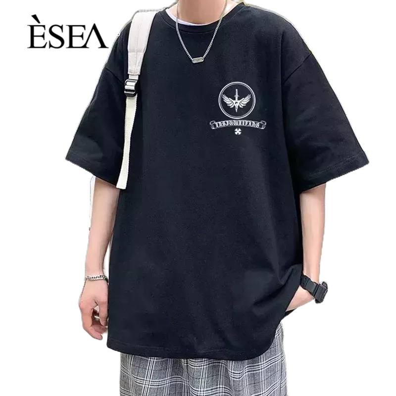 esea-เสื้อยืดผู้ชาย-แนวเกาหลี-เสื้อยืดคู่รัก-แนวๆ-งานปัก-ทรงหลวม-แขนสั้น-ผู้ชาย