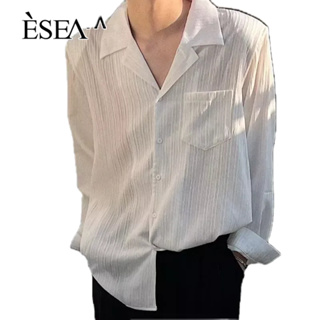 ESEA เสื้อเชิ้ตผู้ชายสีทึบแฟชั่นวินเทจป๊อปเสื้อเชิ้ตแขนยาวหล่อผู้ชาย